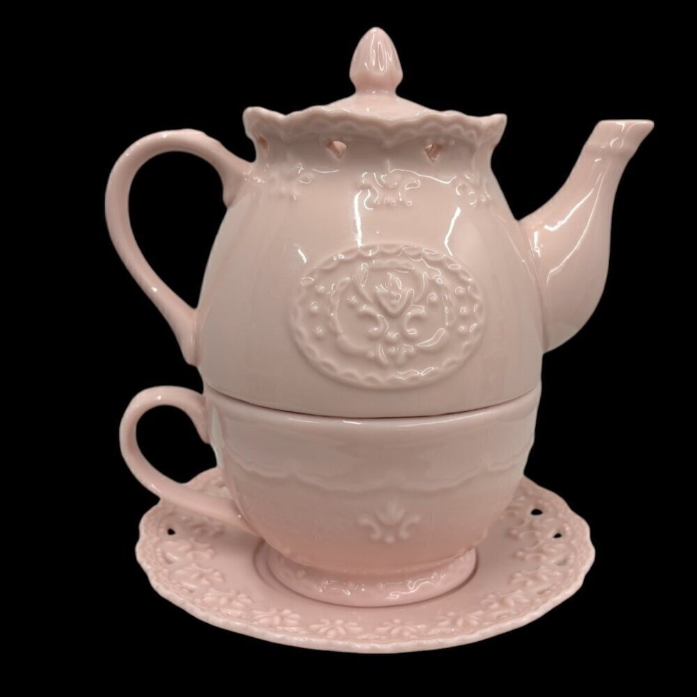Pastel Lace Skye McGhie tea-for-one stackable one-cup teapot with cup & saucer
